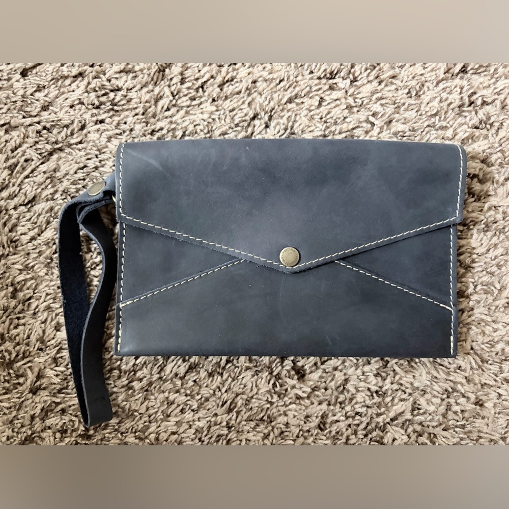 Portland Leather Goods OG Envelope Stylish Navy Clutch with Wrist Strap